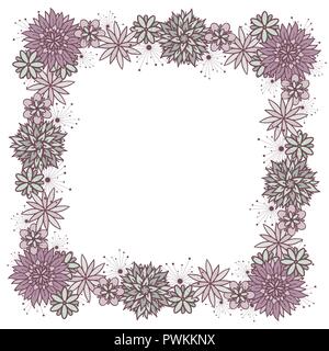 Schöne Vektor doodle Square floral girly Rahmen mit Blumen in Blau und Violett Farben auf weißem Hintergrund. Nettes Design mit kopieren. Stock Vektor