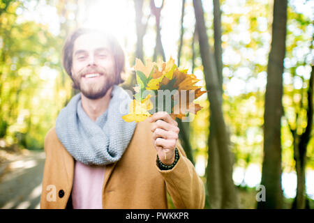 Herbst Porträt ein stattlicher Mann mit wunderschönen grünen und gelben Blätter im Wald Stockfoto