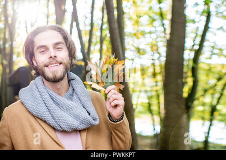 Herbst Porträt ein stattlicher Mann mit wunderschönen grünen und gelben Blätter im Wald Stockfoto