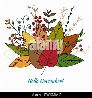 Vektor herbst Blumenstrauß aus bunten doodle Blätter auf weißem Hintergrund. Schönen Herbst Abbildung mit abstrakten Pflanzen und Beeren. Hand Stock Vektor