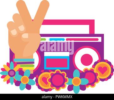 Boombox radio Frieden und Liebe Blumen retro Hippie style Vector Illustration Stock Vektor