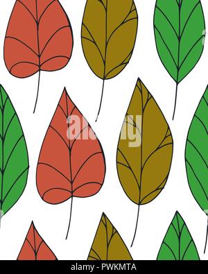 Vektor doodle nahtlose Muster mit bunten Blätter im Herbst auf weißem Hintergrund. Wiederholen Hintergrundbild. Hand gezeichnet Abbildung mit abstrakten Herbstlaub Stock Vektor