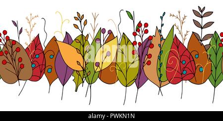Vektor doodle Muster mit bunten Blätter im Herbst auf weißem Hintergrund. Nahtlose grenzüberschreitende Abbildung mit abstrakten Fall Pflanzen und Beeren. Stock Vektor