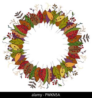 Vektor Herbst runde Kranz aus bunten doodle Blätter auf weißem Hintergrund. Schönen Herbst Abbildung von Pflanzen und Beeren. Stock Vektor