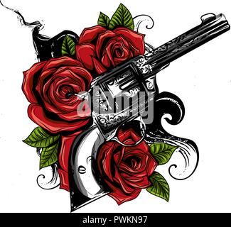 Kanonen und rosa Blüten in Tattoo Stil gezeichnet. Vector Illustration. Stock Vektor