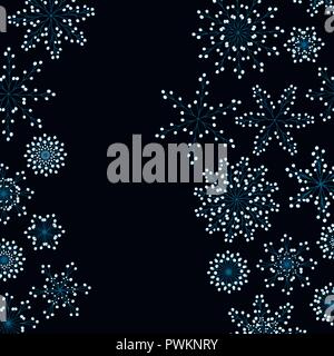 Erstaunliche Hand gezeichnet Banner mit hellen abstrakte Schneeflocken auf schwarzem Hintergrund. Vektor Weihnachtskarte Vorlage. Schönen grafischen Darstellung. Stock Vektor