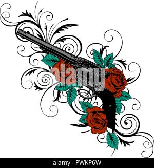 Vector Illustration von Gewehren auf der mit Blumen und Ornamente floralen mit tattoo Zeichnung Stil Stock Vektor