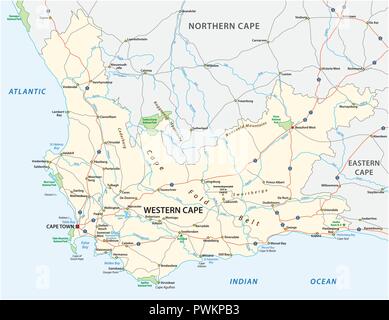 Western Cape Road und National Park Karte. Stock Vektor