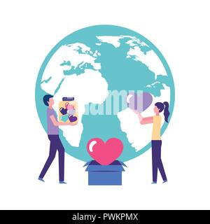 Ehrenamtliche Helfer arbeiten Paar Welt liebe Support Vector Illustration spenden Stock Vektor