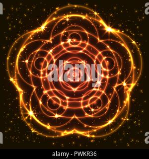 Helle, leuchtende und glänzende abstrakte Mandala. Schöne dekorative kosmischen Hintergrund. Abstrakte leuchtende gelbe Blume. Erstaunlich neon Tapete. Stock Vektor
