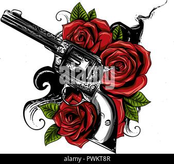 Vector Illustration von Gewehren auf der mit Blumen und Ornamente floralen mit tattoo Zeichnung Stil Stock Vektor