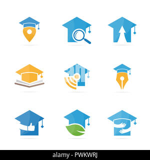 Der Absolvent hat logo Kombination. Schule und Hochschule Symbol oder Icon. Einzigartige Studie und Bildung Logo Design Template. Stockfoto