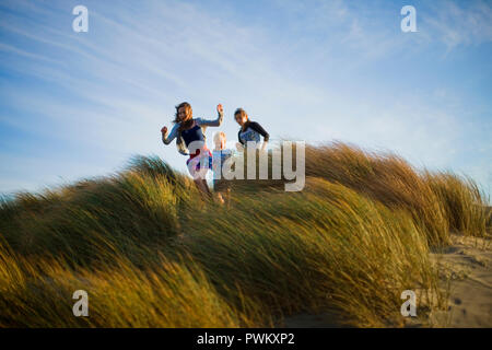 Drei Kinder fröhlich auf einem grasbewachsenen Düne. Stockfoto