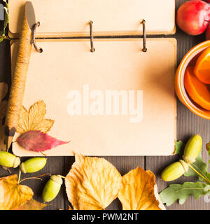 Detailansicht von Vintage alte open Notebook mit Kopie Raum mit Herbst Dekoration auf Holztisch, flach Stockfoto