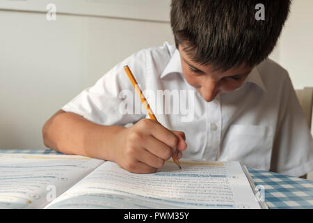 UK, London - 11 Jahre old school Boy revisng für Englisch Prüfungen Stockfoto