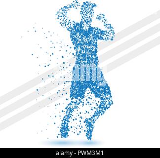 Springen Sieger Mann symbolisiert Erfolg machte der kleine blaue Partikel. Abstract Vector Illustration Stock Vektor