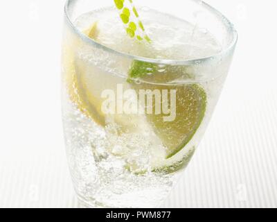 Mineralwasser mit Eiswürfeln und Zitrone und Limette Keil Stockfoto