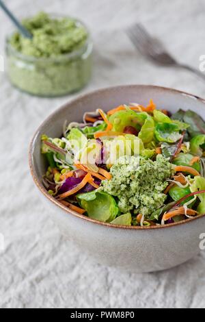 Rosenkohl, Salat mit Granatapfel Samen, Linsen Rosenkohl, Karotten Streifen und Rotkohl Streifen und Brokkoli und Walnuss pesto Stockfoto