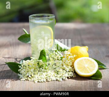 Holunderblüten Saft mit Zitronen und elderflowers Stockfoto