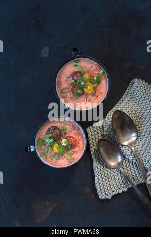 Zwei Schalen mit Tomatensuppe mit Löffel auf Topflappen Stockfoto