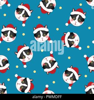 Schwarz Weiße Katze Weihnachtsmann auf Indigo blauen Hintergrund. Vector Illustration. Stock Vektor