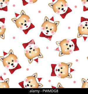 Shiba Inu Santa Claus Hund mit roten Band. Auf rosa Polka Dot weißen Hintergrund. Vector Illustration. Stock Vektor
