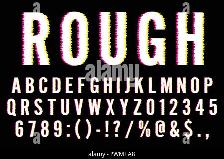 Trendy verzerrt Glitch Schriftart Buchstaben, Zahlen und Symbole Vector Illustration Stock Vektor