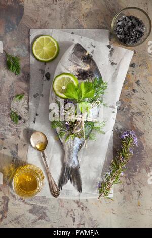 Frische Goldbrasse mit Kräutern und Kalk Schichten Stockfoto