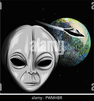 Außerirdische auf der Erde Abbildung mit Ufo suchen Stockfoto