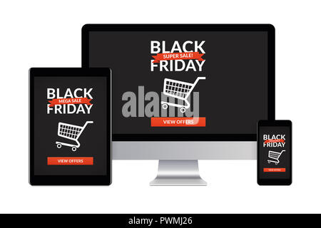 Desktop-PC, Tablet-PC und Smartphone auf Weiß mit schwarzer Freitag Konzept auf dem Bildschirm isoliert. Digital generierten Geräte. Stockfoto
