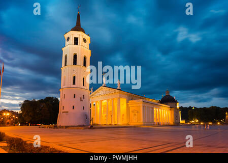 Vilnius Litauische Kathedrale, Blick bei Nacht auf die malerische Kathedrale von Vilnius und den Glockenturm des Belfried auf dem Hauptplatz der Stadt, den baltischen Staaten. Stockfoto