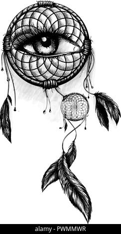 Modeillustration mit Dream Catcher und Blumen. Hand Design gezeichnet Stockfoto