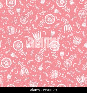 Folk weiße Blumen auf rosa Hintergrund Vektor nahtlose Muster. Hand-Drawn blüht Textur. Traditionelle Schwarzweiß Flora. Blumen skandinavische Nordic Doo Stock Vektor