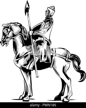 Vector clip art Illustration eines gepanzerten Ritter auf einem unheimlichen, schwarzen Pferd mit roten Augen aufladen oder ritterspiele mit Lanze und Schild. Stock Vektor