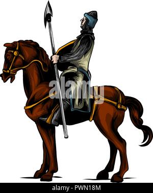 Vector clip art Illustration eines gepanzerten Ritter auf einem unheimlichen, schwarzen Pferd mit roten Augen aufladen oder ritterspiele mit Lanze und Schild. Stock Vektor