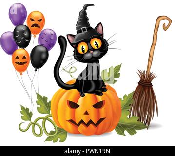 Halloween Card mit schwarzen Katze sitzt auf einem Kürbis Vektor realistische Abbildung Stock Vektor