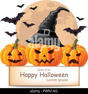 Happy Halloween Hintergrund mit Kürbissen Gesichter und Fledermäuse Vector Illustration Stock Vektor