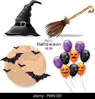 Halloween set Mond, Luftballons, Hexenhut und Besen Vector Illustration Stock Vektor