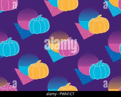 Nahtlose Muster mit Kürbissen. Retro Hintergrund im Stil der 80er Jahre. Retrowave. Vector Illustration Stock Vektor