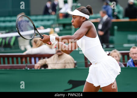 American Junior tennis player Cori Gauff (USA) während der Wimbledon Tennis Championships 2018 Stockfoto