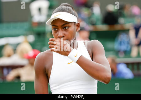 American Junior tennis player Cori Gauff (USA) während der Wimbledon Tennis Championships 2018 Stockfoto