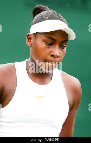 American Junior tennis player Cori Gauff (USA) während der Wimbledon Tennis Championships 2018 Stockfoto