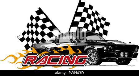 Vector Illustration Muscle Car mit Flammen und Race flag Stock Vektor