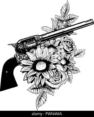 Vector Illustration von Gewehren auf der mit Blumen und Ornamente floralen mit tattoo Zeichnung Stil Stock Vektor