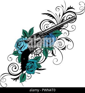 Vector Illustration von Gewehren auf der mit Blumen und Ornamente floralen mit tattoo Zeichnung Stil Stock Vektor