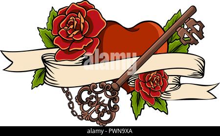 Herz in klettern Rose Tattoo miteinander verbunden. Herz in Band miteinander verbunden. Tattoo Herz mit Schleife und Rosen. Alte Schule gestaltet. Ribbon mit Schriftzug ewige Liebe. Liebe ewig Stock Vektor