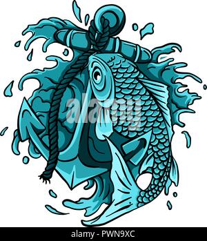 Hand gezeichneten Umriss Koi Fisch und Spritzwasser Japanisch tattoo Stock Vektor