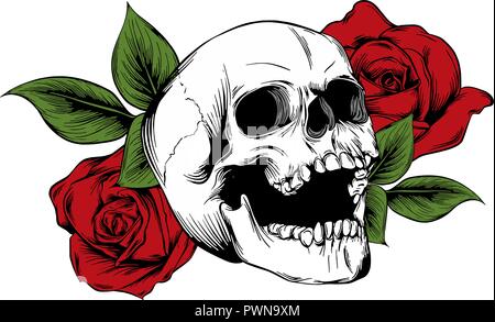 Totenkopf mit Blumen, mit Rosen. Zeichnung von Hand. Vektor. Abbildung: Stock Vektor