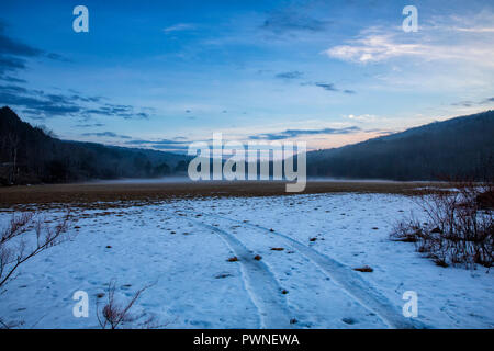 Nebel geistert durch die Landschaft während einer warmen Winter Abend in Jenksville, NY. Stockfoto