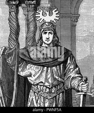 Friedrich II. (1194-1250). König von Sizilien, Deutschland, Italien, Jerusalem und Kaiser des Heiligen Römischen Reiches. Gravur der Germania, 1882. Stockfoto